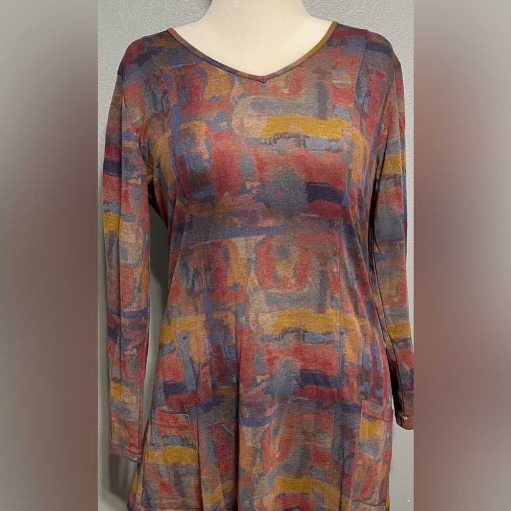 Parsley & Sage Abstract Print Top V-Neck Pockets Artsy Boho Indie Casual Medium
